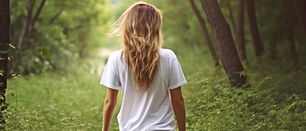 Mockup di una donna che cammina nella foresta AI generativa