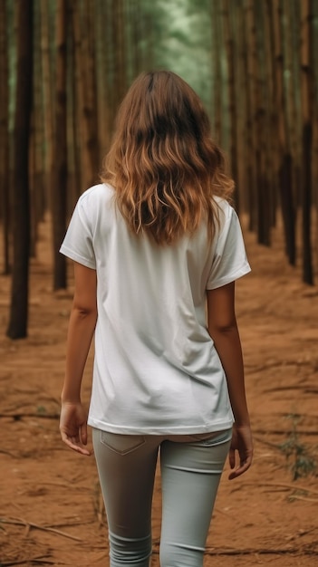 Mockup di una donna che cammina nella foresta AI generativa
