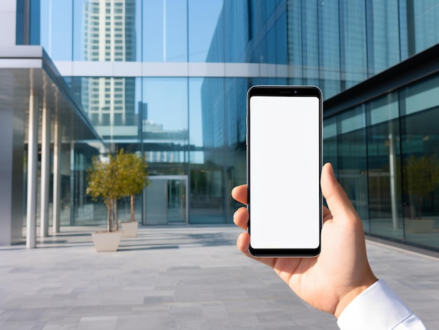 Mockup di una mano che tiene un telefono cellulare bianco con uno schermo bianco vuoto