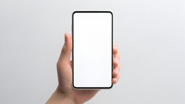 Mockup di una mano che tiene uno smartphone con uno schermo vuoto e uno sfondo bianco