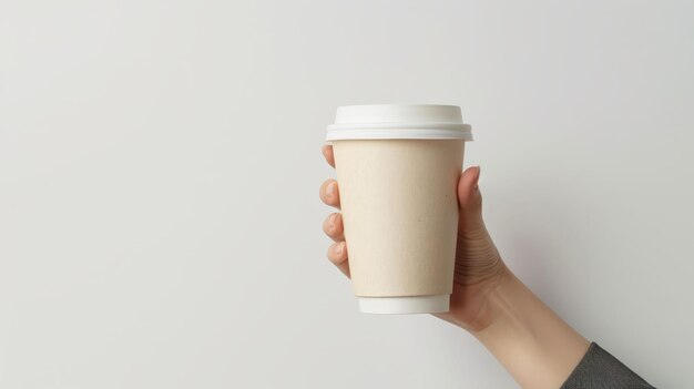 Mockup di una mano femminile che tiene una tazza di carta da caffè su uno sfondo bianco piatto