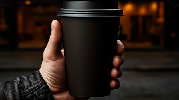 Mockup di una mano maschile che tiene una tazza di carta nera per il caffè