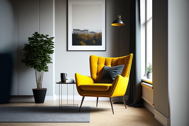 Mockup di una stanza contemporanea che comprende una poltrona gialla mobili in stile danese