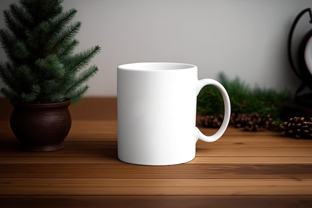 Mockup di una tazza bianca con un sempreverde per l'inverno o il Natale