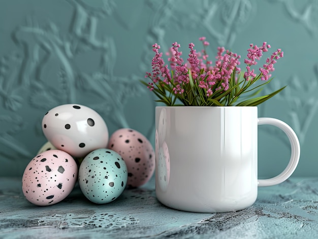 Mockup di una tazza con uova di Pasqua su uno sfondo chiaro
