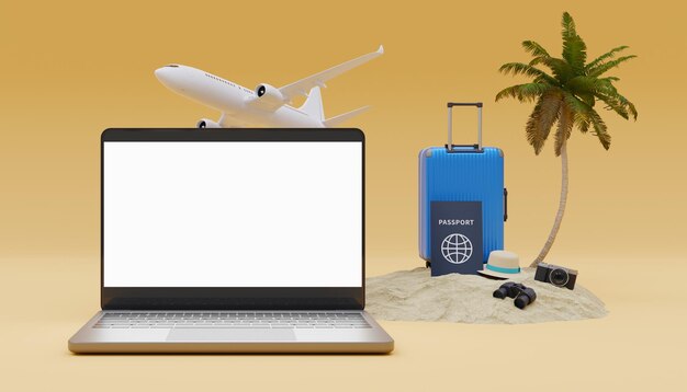 Mockup di uno schermo portatile con una valigia e un passaporto accanto a una palma e un aeroplano che vola con il rendering 3d