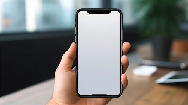 Mockup di uno smartphone in mano su uno schermo vuoto della scrivania di un ufficio