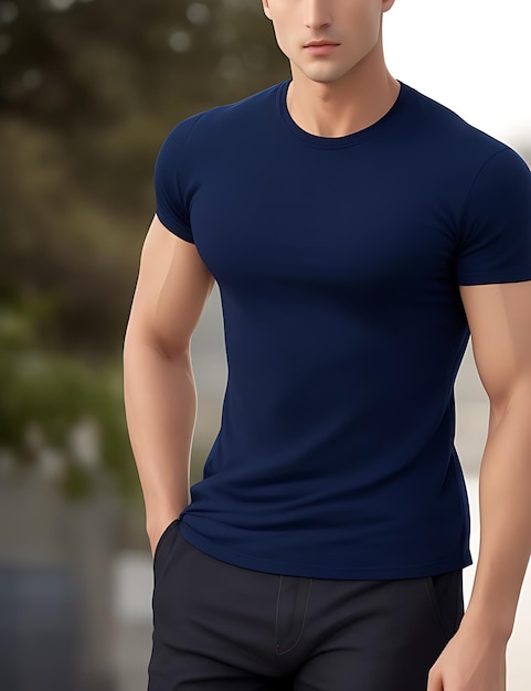 Mockup di vista frontale modello uomo maglietta vuota blu navy