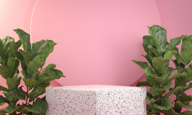 Mockup display moderno, piante tropicali, rendering 3D di sfondo rosa