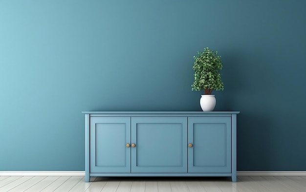 Mockup estetico della parete blu dell'armadio in una stanza moderna con IA generativa