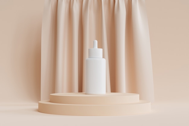 Mockup flacone contagocce bianco con siero per prodotti cosmetici o pubblicità sul podio beige o piedistallo con tende, rendering astratto 3d