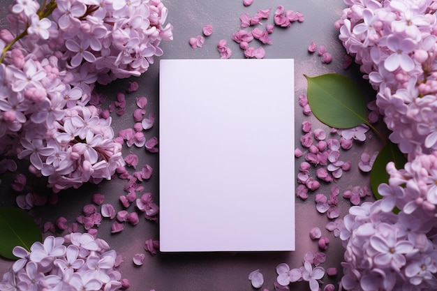mockup foglio di carta bianco bianco con fiori di lilac top view modello floreale carta vuota piatta.