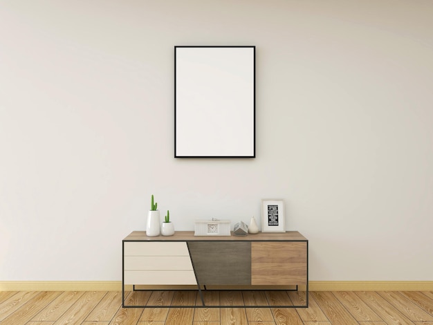 Mockup frame con cornice vuota moderno minimalismo gabinetto e oggetto 3d rendering illustrazione 3d