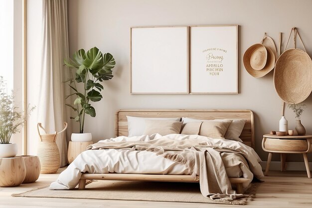 Mockup frame in camera da letto sullo sfondo interno con mobili in legno naturale in stile scandinavo 3d