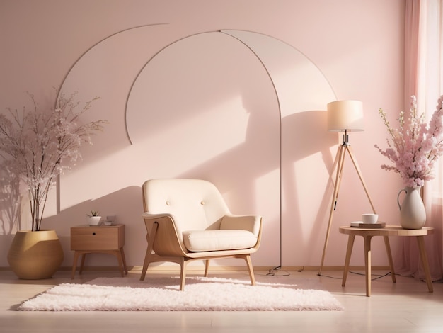 Mockup interno della stanza in tonalità beige con accenti in legno