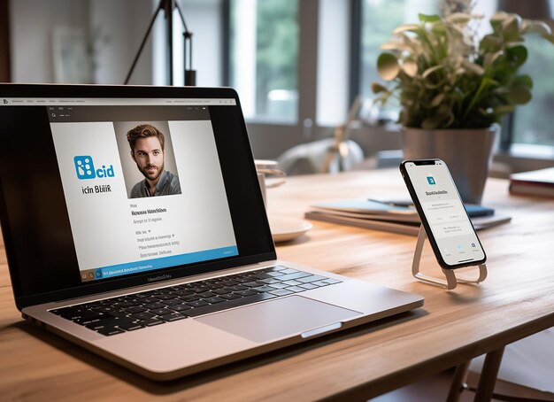 Mockup Linkedin sul telefono e sulla tastiera su una scrivania di legno nella S