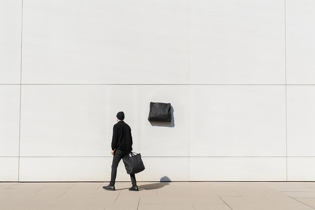 Mockup maschio con una borsa di tela nera in piedi davanti a Buildi