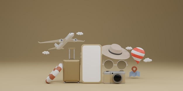 Mockup mobile con schermo bianco con aereo, palloncino, anello in gomma da nuoto, bagagli, occhiali da sole, cappello e fotocamera