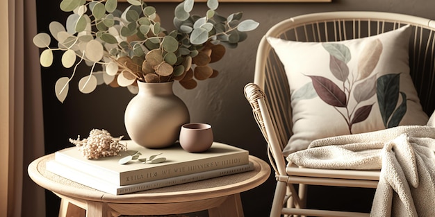 Mockup o allestimento del soggiorno con sedia morbida beige con cuscino e plaid bianco