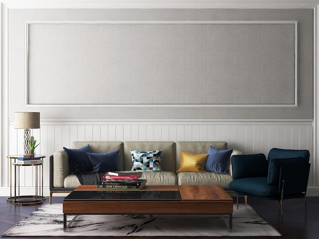 Mockup parete con lampada da tavolo cuscini divano interni camera di lusso e parete di modanatura grigia