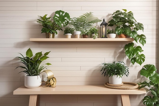 Mockup parete con piante ornamentali e oggetto di decorazione su scaffale in legno