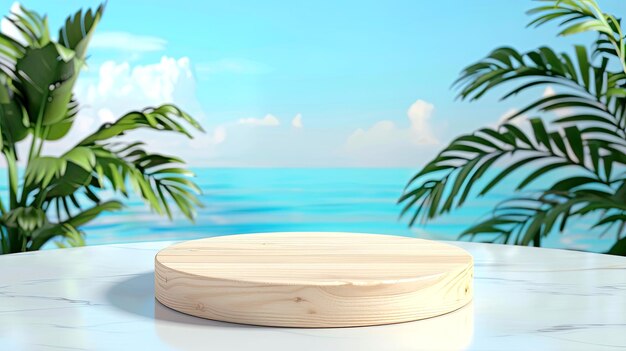 Mockup per la presentazione del prodotto Podium in legno con foglie tropicali illustrazione generata dall'IA dell'oceano