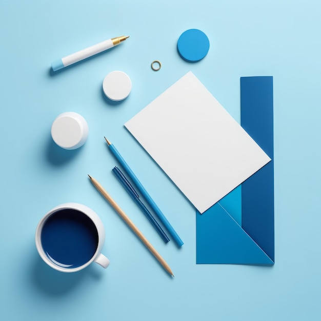 mockup per la scrivania da ufficio blu 3D render illustration mockup for design blue office desk