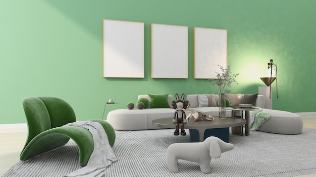 Mockup photo frame sullo scaffale verde con bellissime piante, rendering 3d