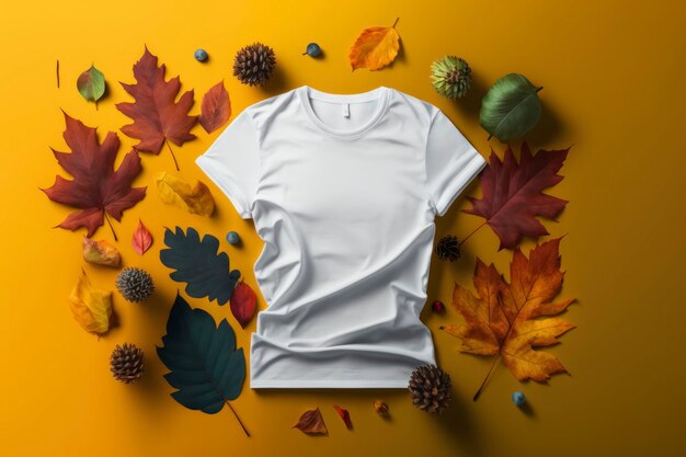 Mockup piatto laico colorato autunno sfondo donna maglietta bianca vuota