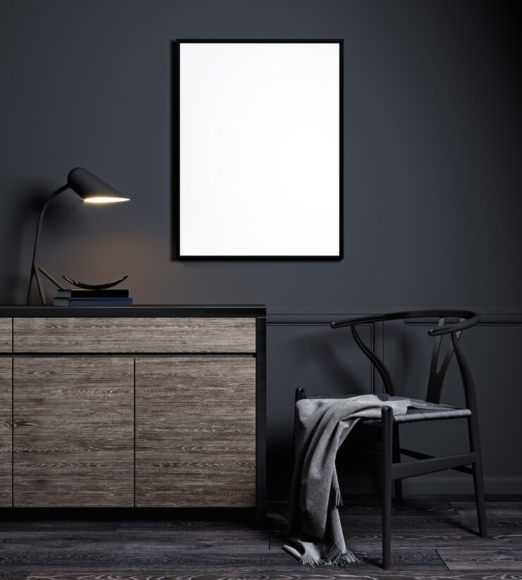 Mockup poster frame in moderno sfondo nero interno, stile scandinavo, rendering 3D, illustrazione 3D