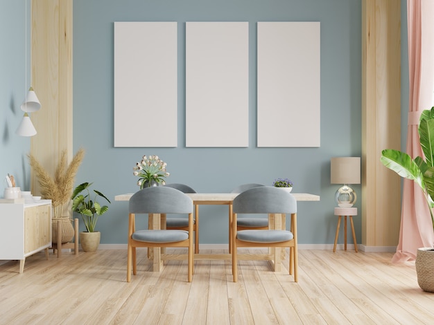 Mockup poster in interior design moderno sala da pranzo con pareti blu