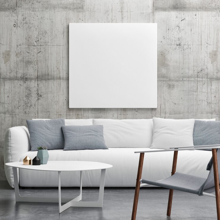 Foto mockup poster in soggiorno divano bianco muro di cemento