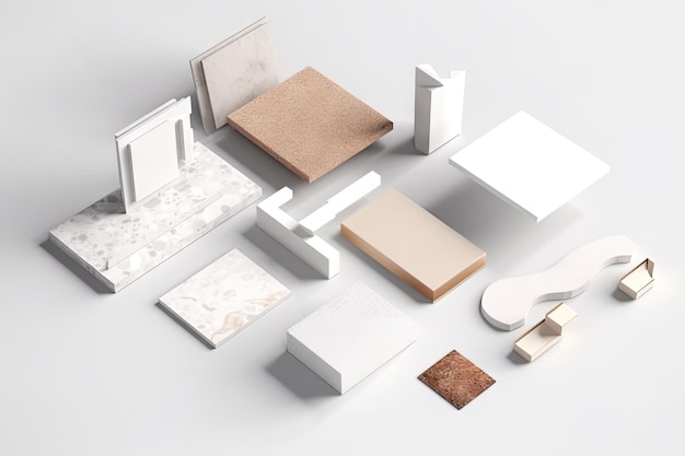 Mockup realistico di materiali e trame di architettura su uno sfondo bianco con ombre