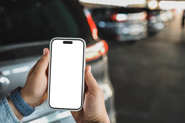 Mockup schermo vuoto telefono cellulare per app o sito web mockup promozione Ideale per concessionaria automobilistica servizio automobilistico online concetto di auto intelligente acquisto di auto online