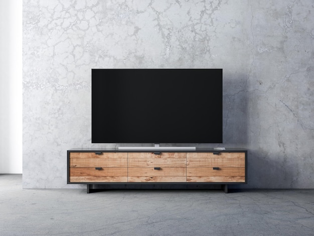 Mockup Smart Tv in piedi sui mobili moderni nel soggiorno, rendering 3d