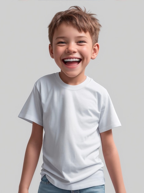 mockup tshirt kid boy realismo sorridente generato dall'intelligenza artificiale sullo sfondo di un albero