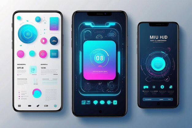 Mockup UIUX del dispositivo per il modello di presentazione Poster per smartphone moderno con elementi HUD futuristici