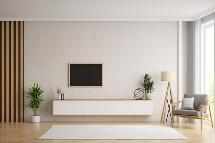 Mockup una parete TV gabinetto montato con poltrona in salotto con una parete di cemento bianco