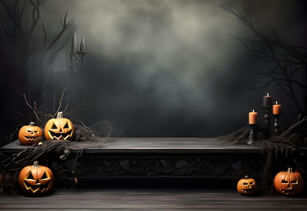 Mockup vuoto di tavolo nero di Halloween con candele di zucche decorazione spettrale e sfondo di foresta mistica scura Generato da AI