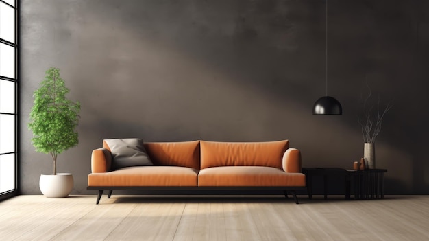 mockupinterior con divano marrone illustrazione 3d