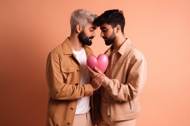 Moda a forma di cuore e coppia gay in una relazione d'amore insieme creata con l'IA generativa