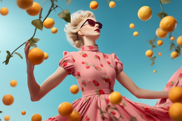 moda brillante bella ragazza d'estate con un volo arance succose posando cielo sfondo copertina estiva