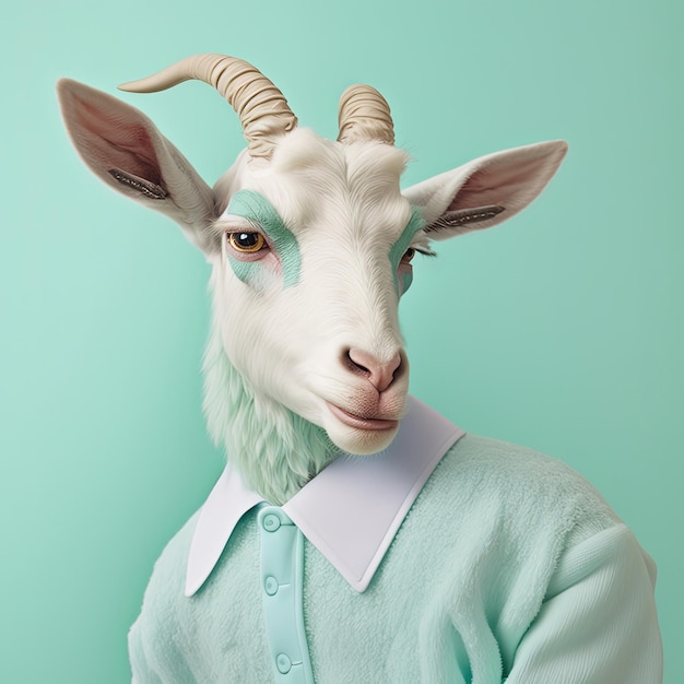 Moda capra in camicia Ritratto monocromatico verde menta IA generativa
