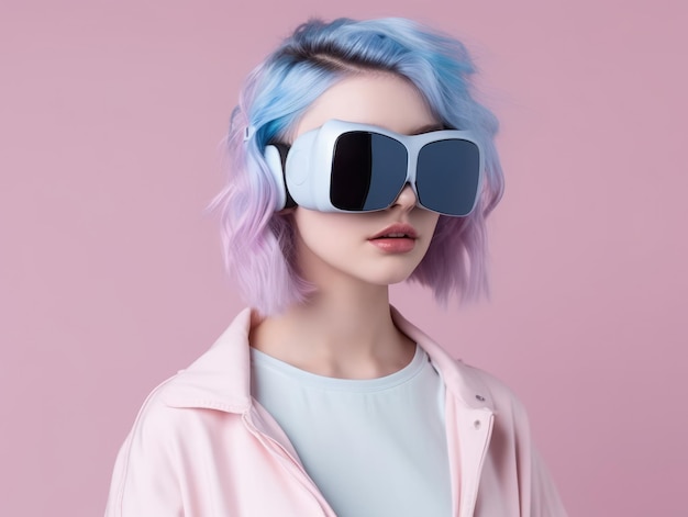 Moda donna che indossa occhiali vr con capelli blu e rosa generativa ai