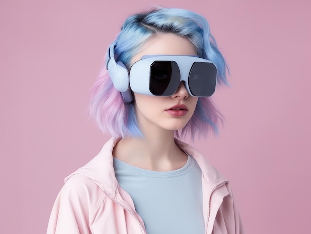 Moda donna che indossa occhiali vr con capelli blu e rosa generativa ai