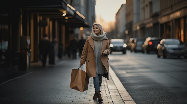 Moda donna con borse della spesa che cammina per strada Ai generativa