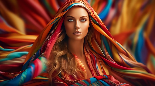 Moda donna in tessuti colorati modello come colori carnevale aspetto sorprendente trucco viso attraente