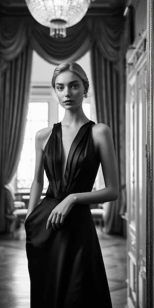 Moda ritratto di giovane donna bellissima in abito nero Foto in bianco e nero