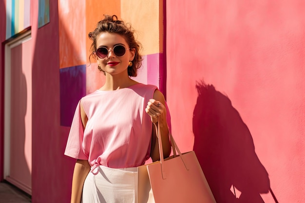 Moda rosa estiva di ragazza o donna ragazza felice con borsa della spesa e occhiali da sole a parete rosa ragazza rosa moda all'estate