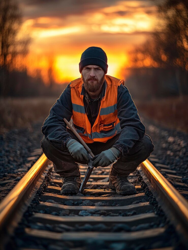 Model looking railway maintenance worker portrait repairing a track kneeling down with tools in hand
